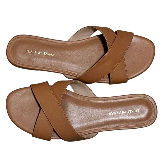 Stuart Weitzman Roza Criss Cross Slide Casual Leather Sandals Size 7.5 Almond - Picture 1 of 12
